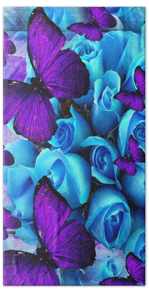 Roses Beach Towel featuring the painting Roses And Purple Butterflies by Saundra Myles