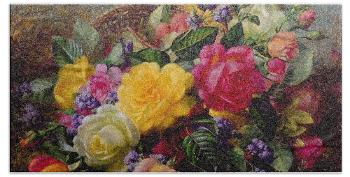 Rose; Flower; Reflection; Flowers; Pink; Yellow; White; Roses; Basket; Water; Grass; Grassy; Grassy Bank; Pond Beach Towel featuring the painting Roses by a Pond on a Grassy Bank by Albert Williams