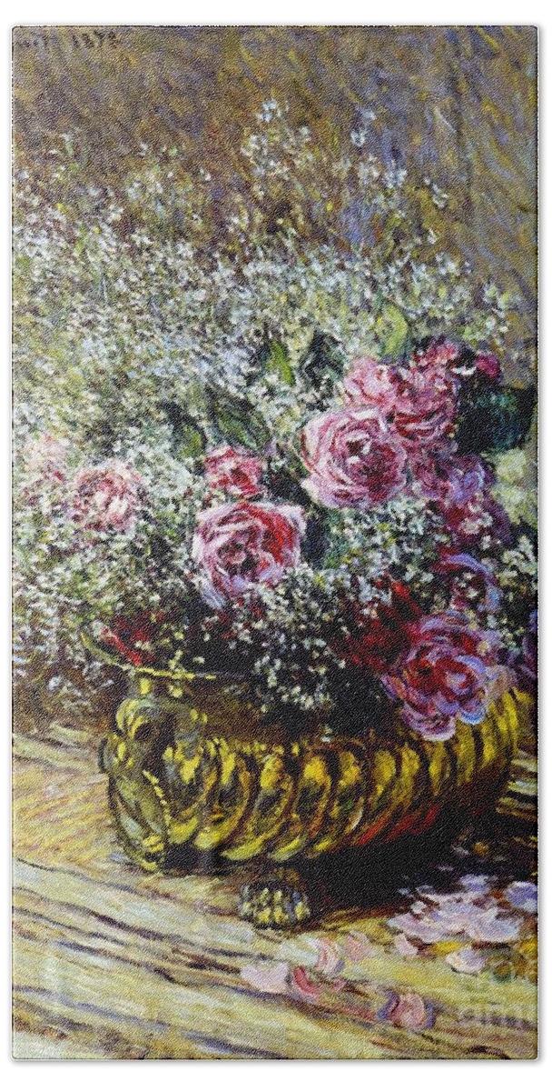 Roses In A Copper Vase Beach Towel featuring the painting Roses in a Copper Vase by Claude Monet