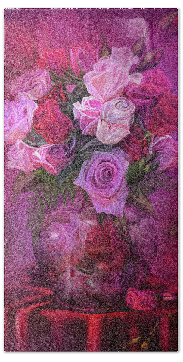 Carol Cavalaris Beach Towel featuring the mixed media Roses In Rose Vase by Carol Cavalaris