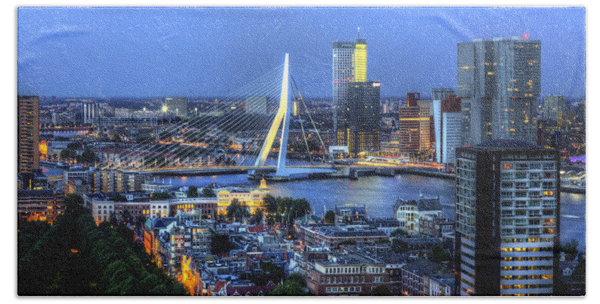 Rotterdam Beach Towel featuring the photograph Rotterdam Skyline with Erasmus Bridge by Shawn Everhart
