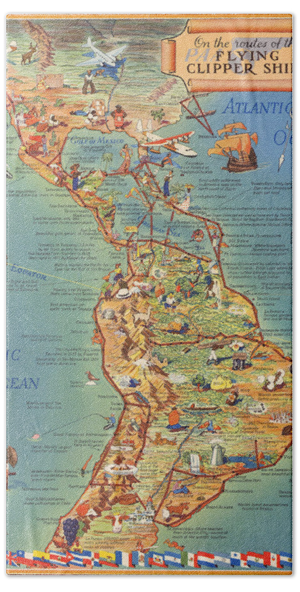 Pan American Airways Beach Towel featuring the mixed media Routes of the Flying Clipper Ships - Pan American Airways - Vintage Pictorial Map by Studio Grafiikka