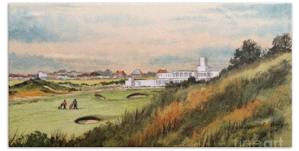 Royal Birkdale Golf Course Beach Towel featuring the painting Royal Birkdale Golf Course 18th Hole by Bill Holkham
