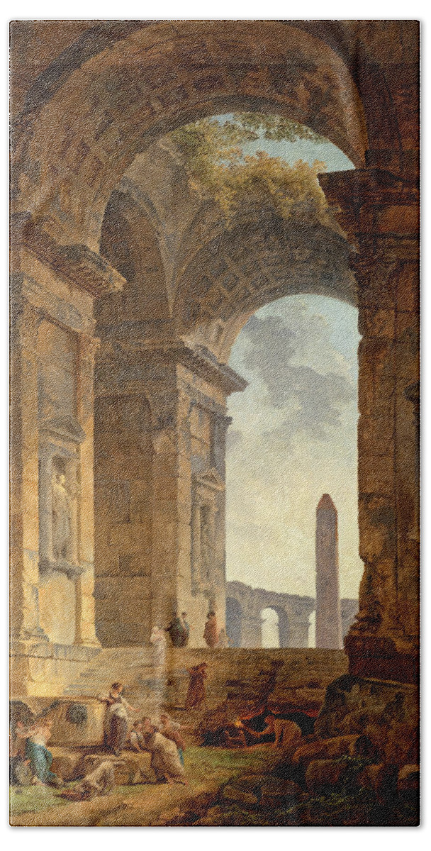 Hubert Robert Beach Towel featuring the painting Ruins with an Obelisk in the Distance  by Hubert Robert
