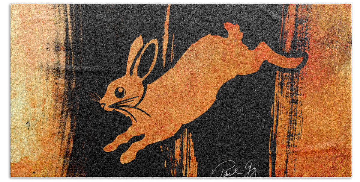 Rabbit Beach Towel featuring the mixed media Run Rabbit Run by Paul Gaj