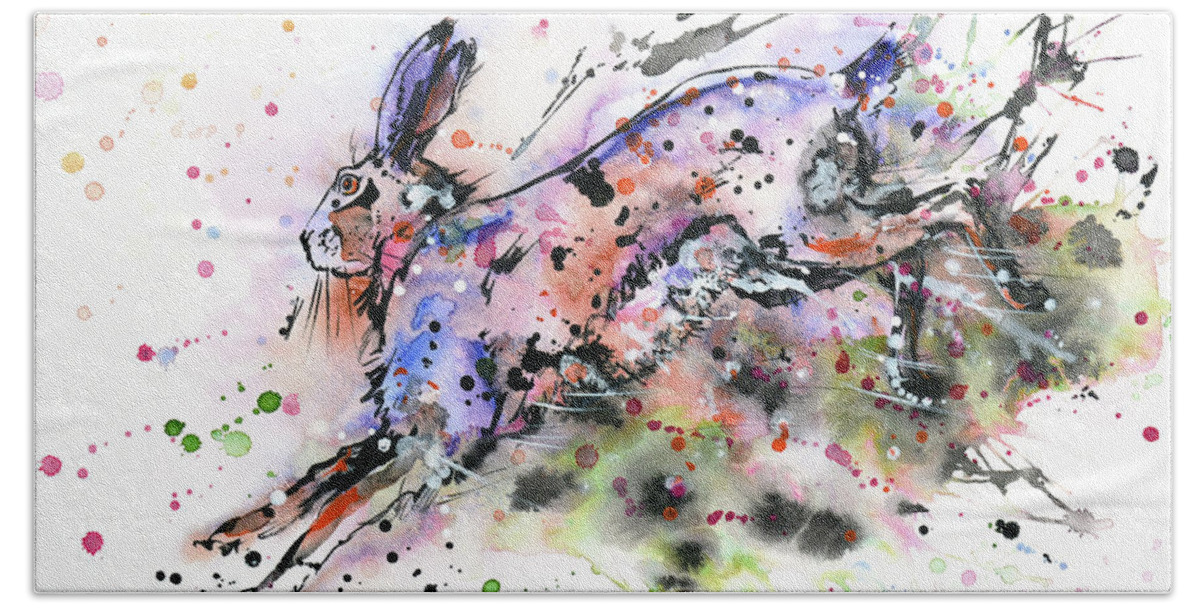 Hare Beach Sheet featuring the painting Running Hare by Zaira Dzhaubaeva