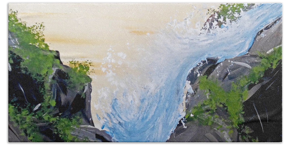 Waterfall Landscape Beach Towel featuring the painting Rushing Water by Jilian Cramb - AMothersFineArt