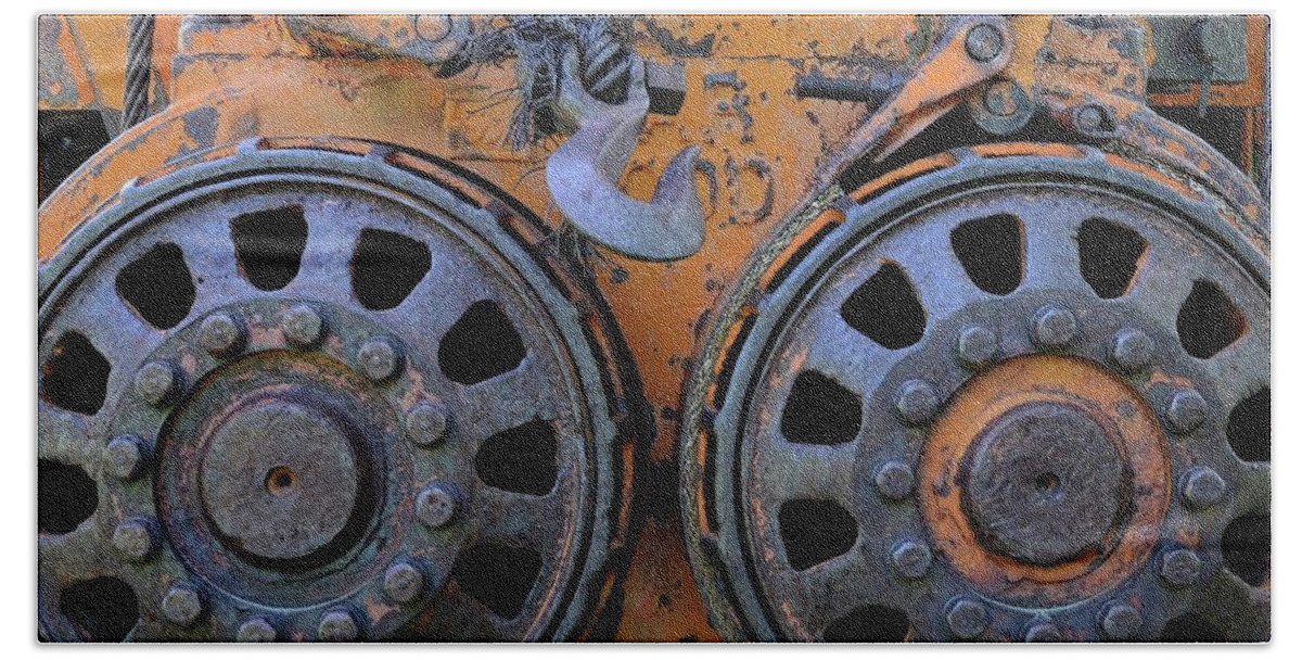 Industry Industrial Truck Rust Rusted Worn Patina Pulleys Steampunk Peeling Beach Towel featuring the photograph Rusted relics 6 by Robert Buderman
