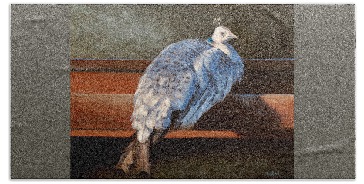 Oil Beach Sheet featuring the painting Rustic Elegance - White Peahen by Linda Merchant