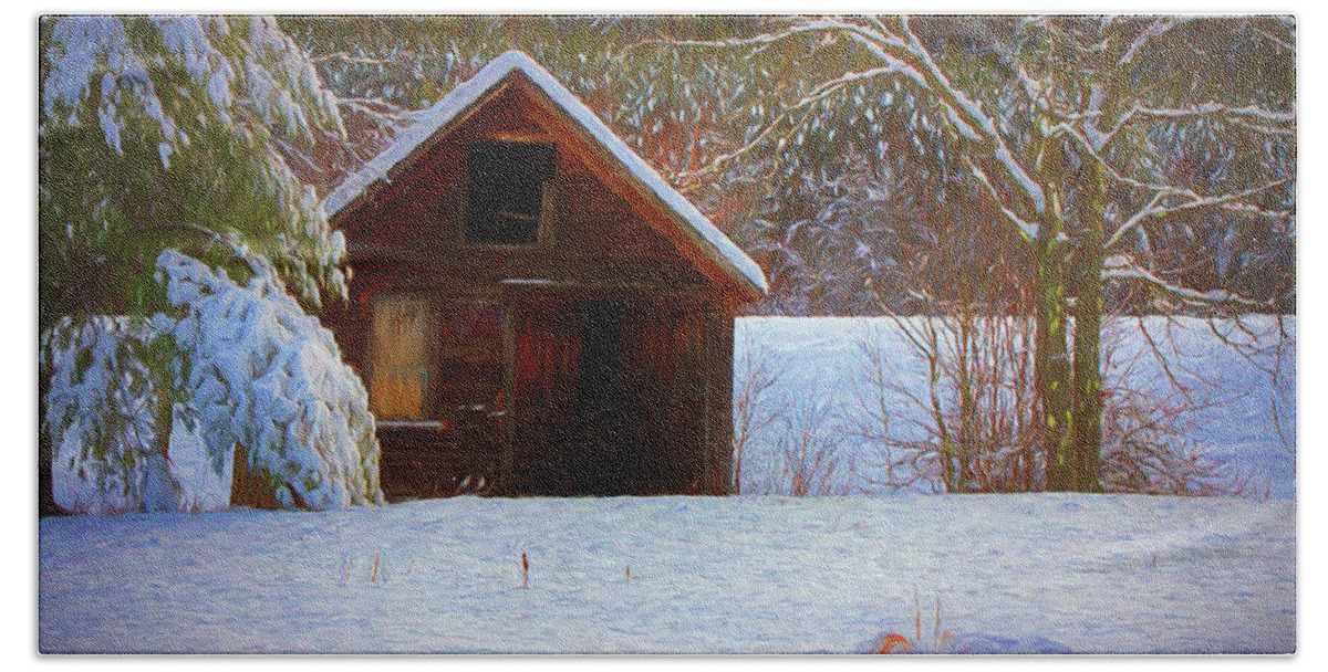 Jeff Folger Beach Towel featuring the photograph rustic Vermont shack in snow by Jeff Folger