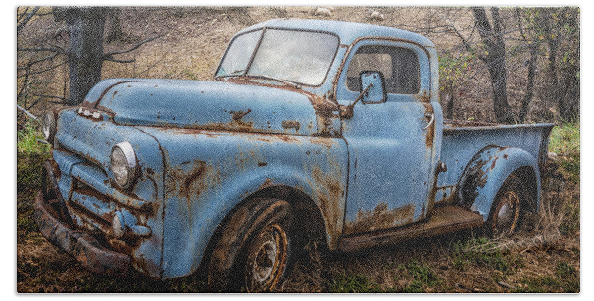 1950s Beach Towel featuring the photograph Rusty Blue Dodge by Debra and Dave Vanderlaan