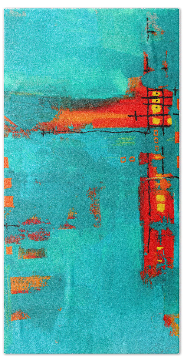 Turquoise Abstract Beach Towel featuring the painting Rusty by Nancy Merkle