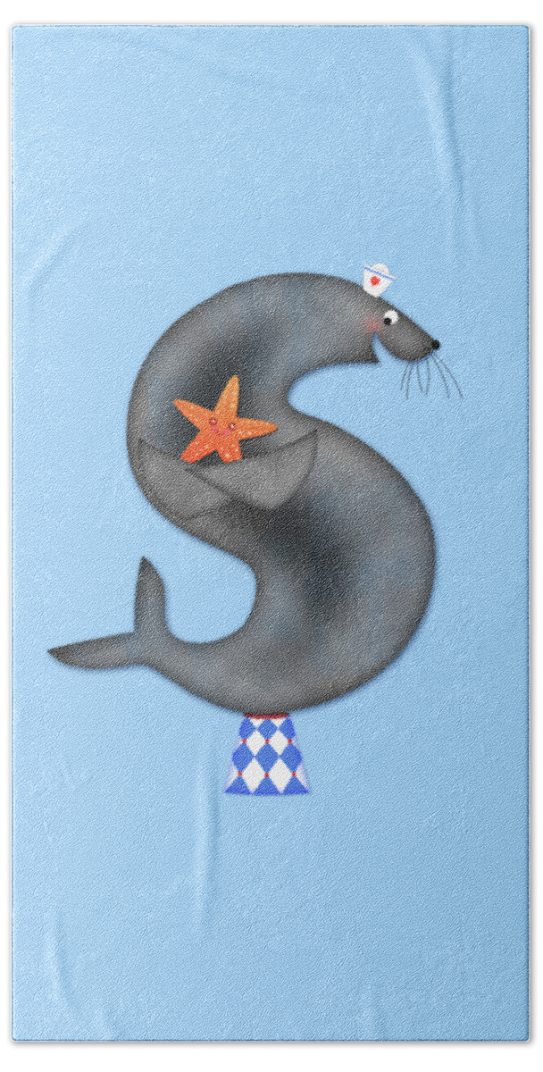 Letter S Beach Towel featuring the digital art S is for Seal and Starfish by Valerie Drake Lesiak