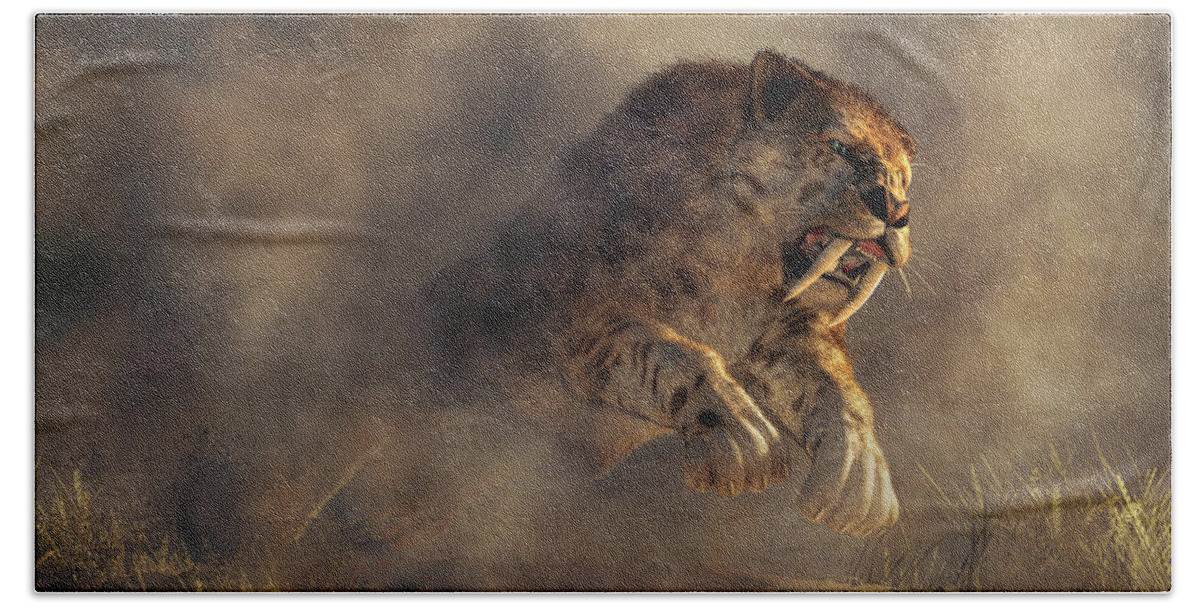 Sabre Tooth Pounce Beach Towel featuring the digital art Sabre Tooth Pounce by Daniel Eskridge