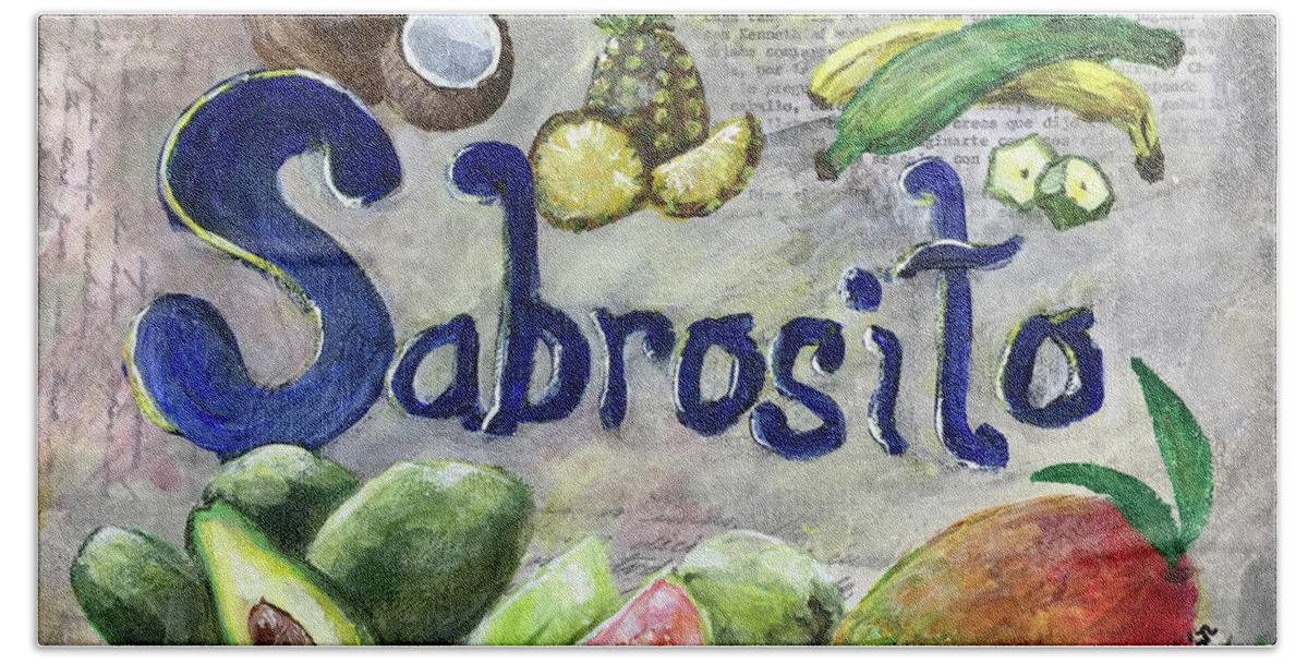 Sabroso Beach Towel featuring the mixed media Sabrosito by Janis Lee Colon