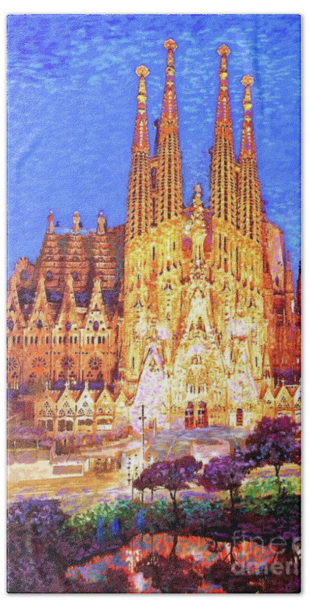 Spain Beach Towel featuring the painting Sagrada Familia at Night by Jane Small