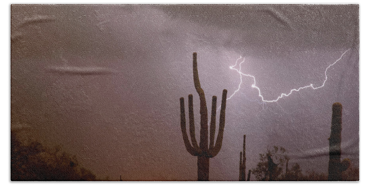 Lightning Beach Towel featuring the photograph Saguaro Southwest Desert Lightning Air Strike by James BO Insogna