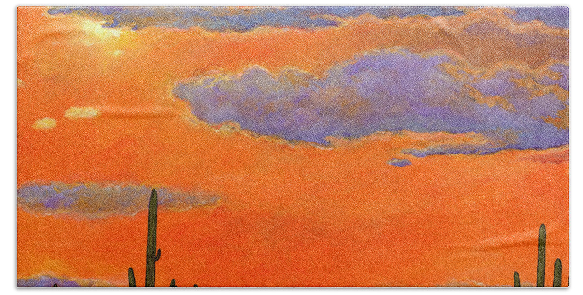Southwest Art Beach Towel featuring the painting Saguaro Sunset by Johnathan Harris