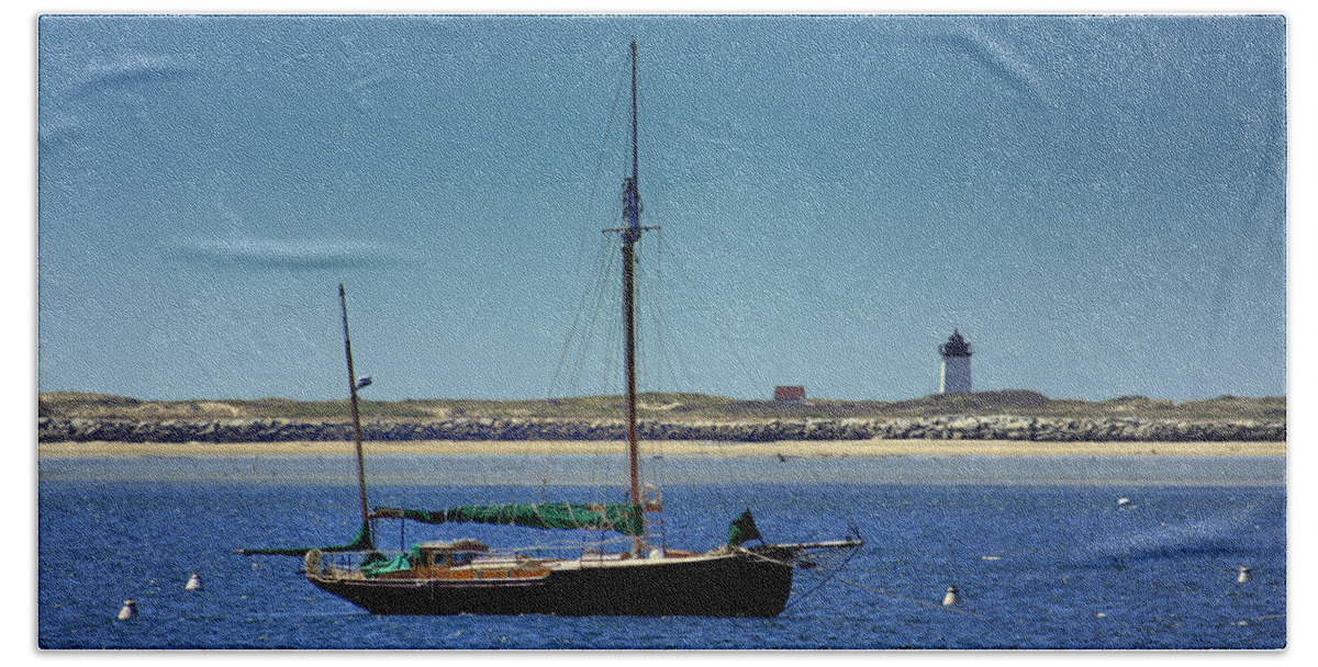 Sailboat Beach Towel featuring the photograph Sailboat and Long Point Lighthouse by Darius Aniunas