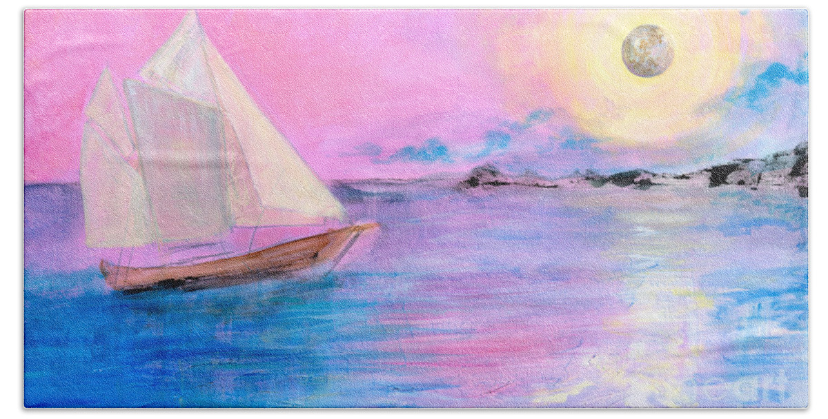 Sailboat Beach Towel featuring the painting Sailboat in Pink Moonlight by Robin Pedrero