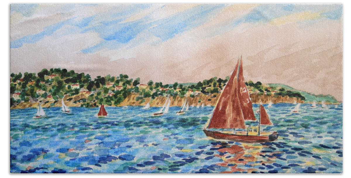 Bonnie Follett Beach Towel featuring the painting Sailboat on the Bay by Bonnie Follett