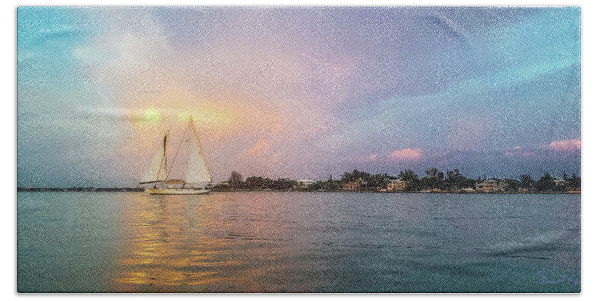 Sunset Beach Towel featuring the photograph Sailboat Sunset on Sarasota Bay by Susan Molnar