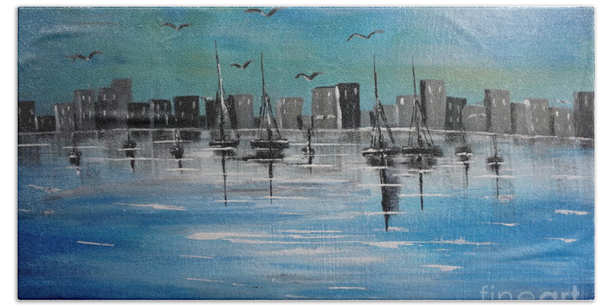 Sailboats Beach Towel featuring the painting Sailboats and CityScape by Jimmy Clark