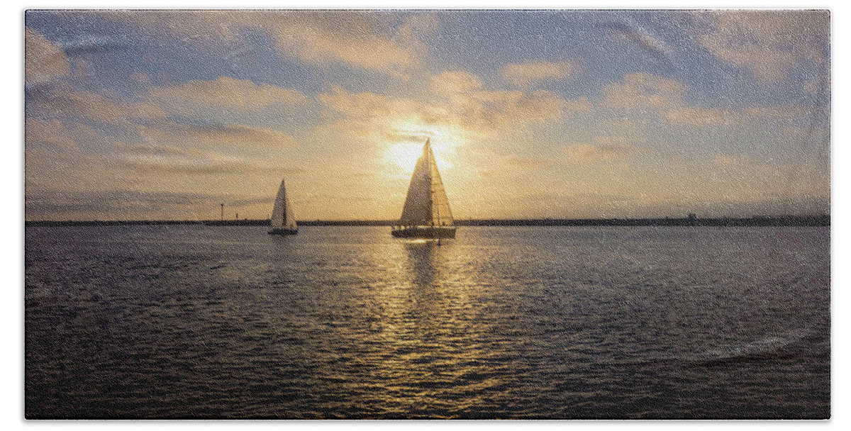 Ballona Creek Beach Towel featuring the photograph Sailboats at Sunset by Andy Konieczny