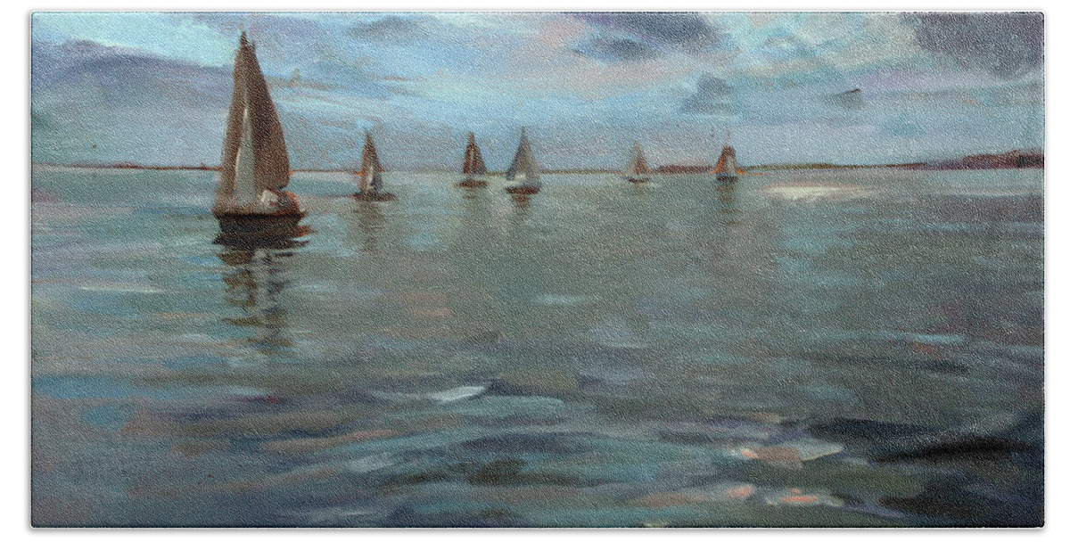 Sailboats Beach Towel featuring the painting Sailboats on the Chesapeake bay by Susan Bradbury