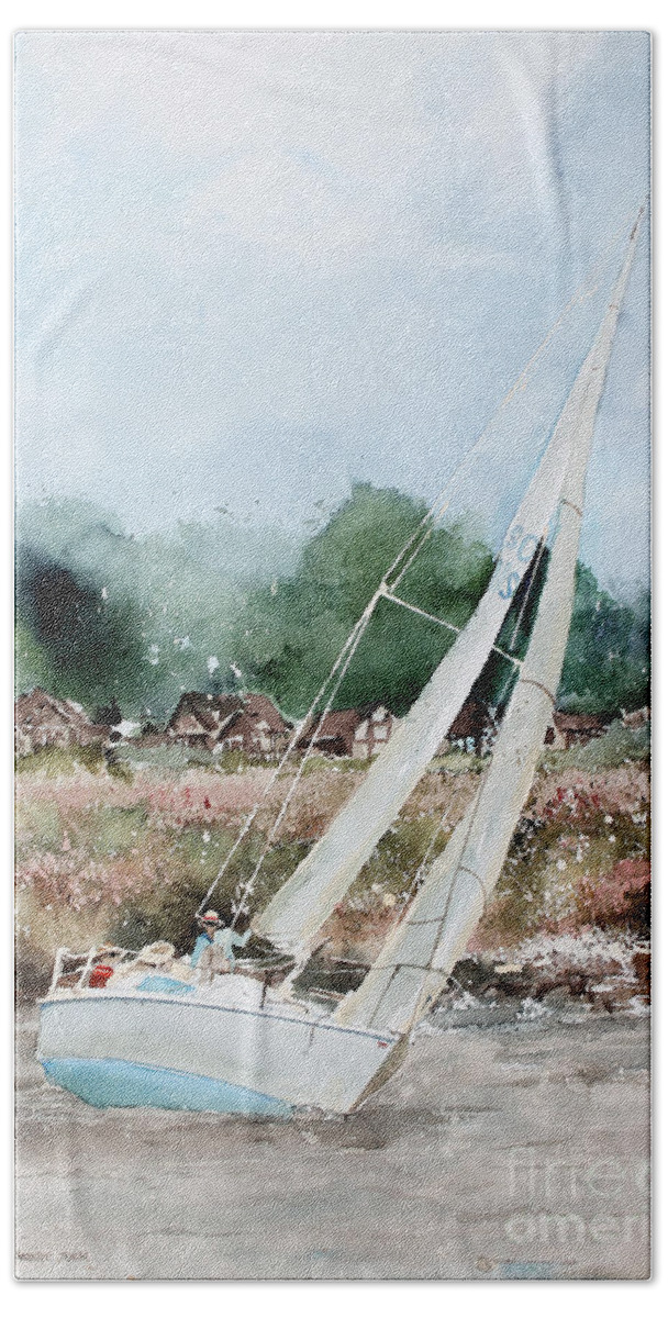 A Sailboat Catches A Breeze On Grand Lake In Oklahoma. Beach Towel featuring the painting Sailing by Monte Toon
