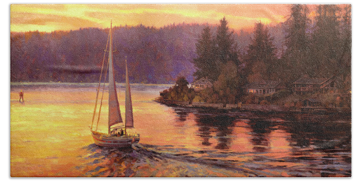 Sailing Beach Towel featuring the painting Sailing on the Sound by Steve Henderson