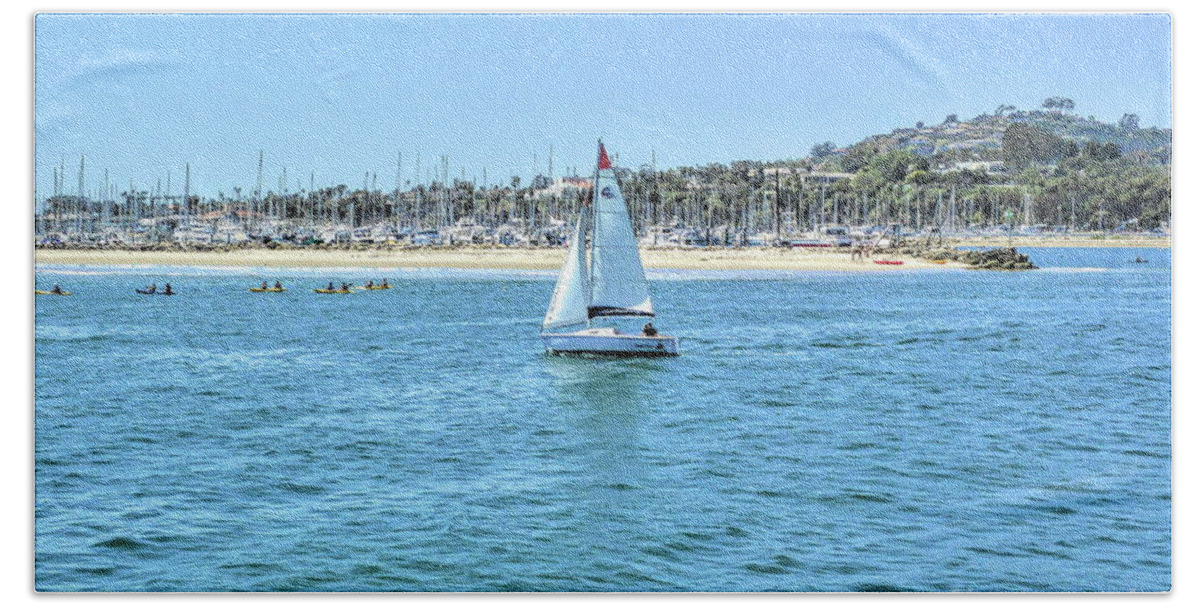 California; Santa Barbara Beach Towel featuring the photograph Sailing out of the Harbor by Joe Lach