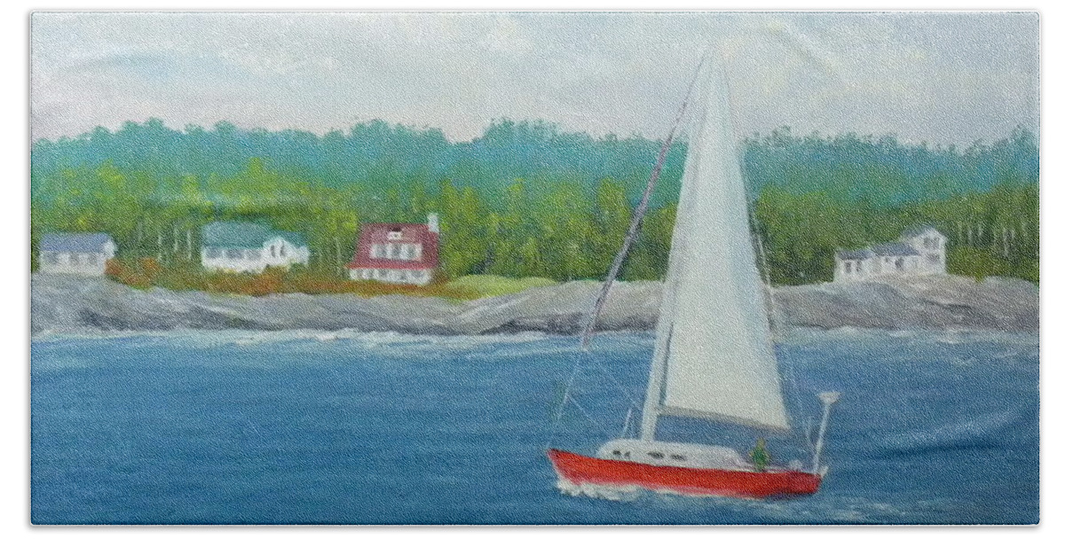 Beach Sailing Boat Seascape Landscape Ocean Houses Woods Harbor Waves Rocks Artist Scott White Beach Sheet featuring the painting Sailing To New Harbor by Scott W White