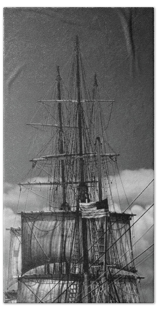 Art Beach Towel featuring the photograph Sails and Mast Riggings on a Tall Ship in Black and White by Randall Nyhof
