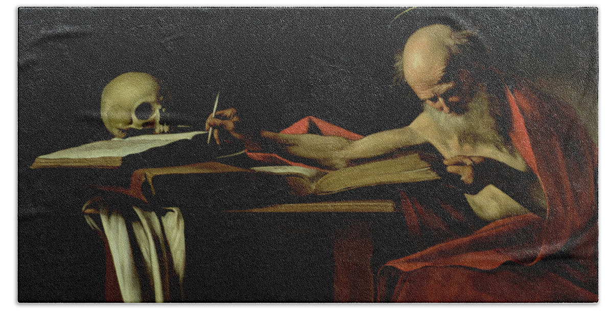 St Jerome Writing Beach Towel featuring the painting Saint Jerome Writing by Caravaggio