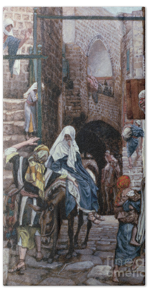 Joseph Beach Towel featuring the painting Saint Joseph Seeks Lodging in Bethlehem by Tissot