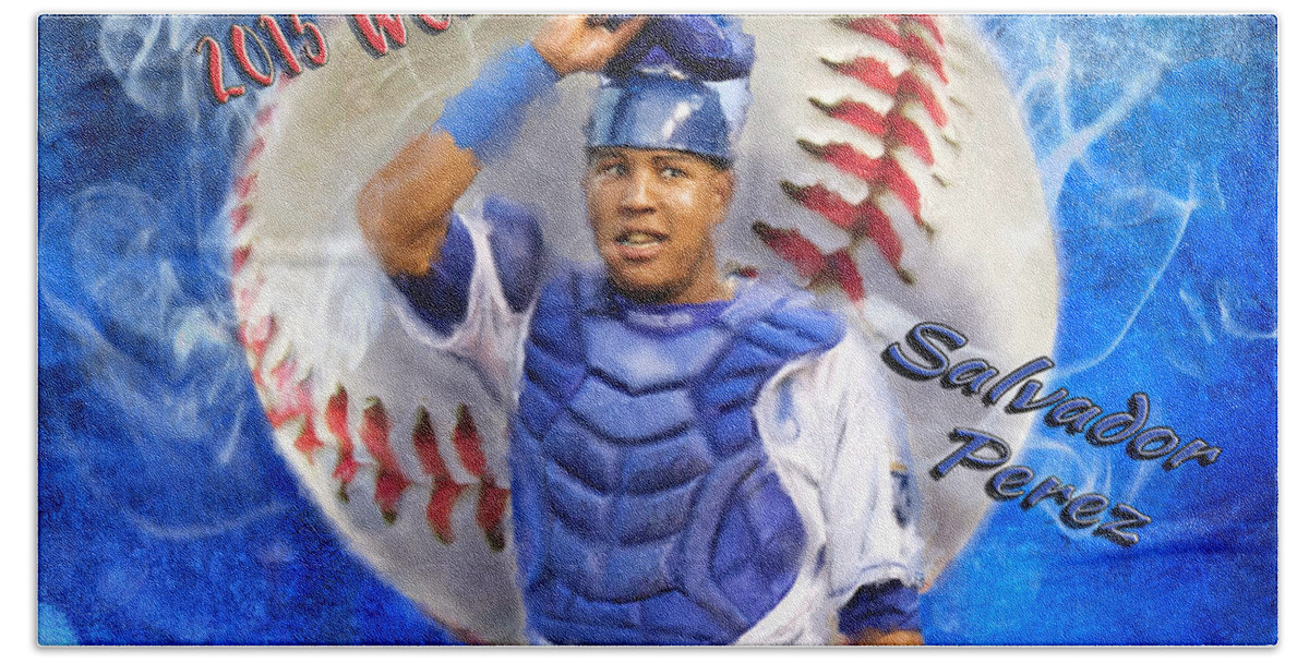 Salvie Beach Towel featuring the painting Salvador Perez 2015 World Series MVP by Colleen Taylor