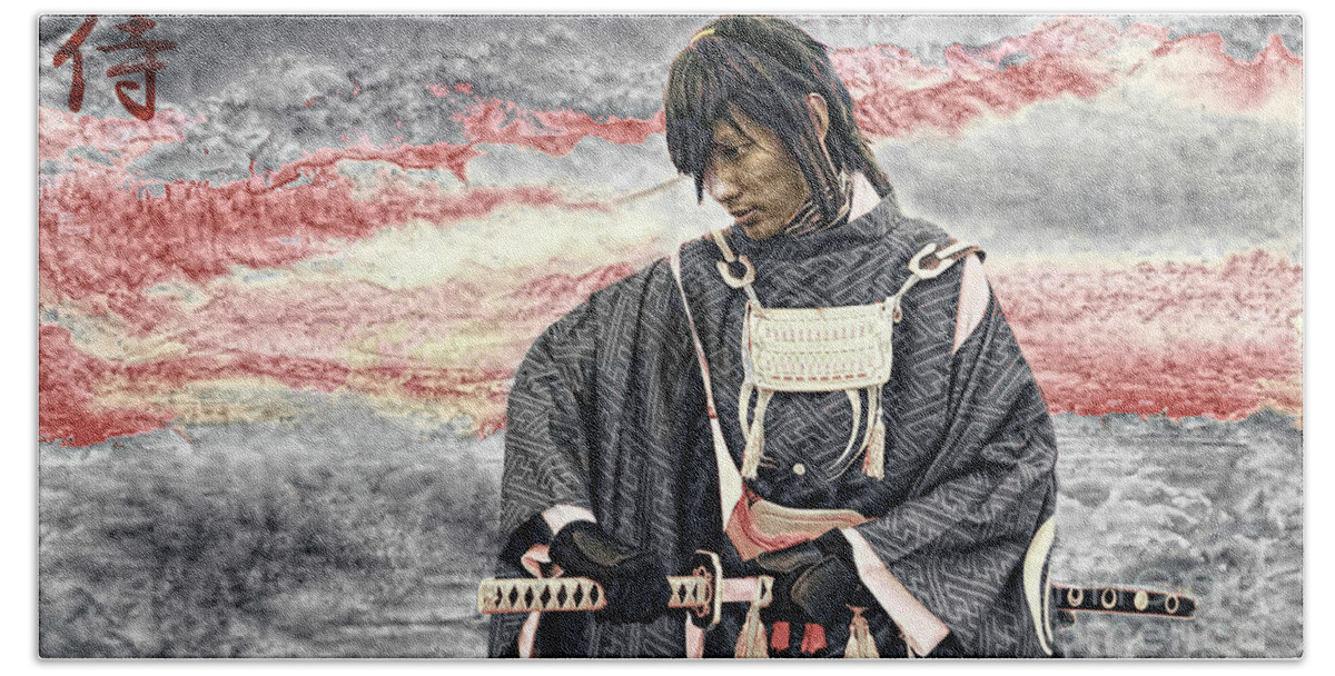 Samurai Beach Towel featuring the digital art Samurai Warrior by Ian Gledhill