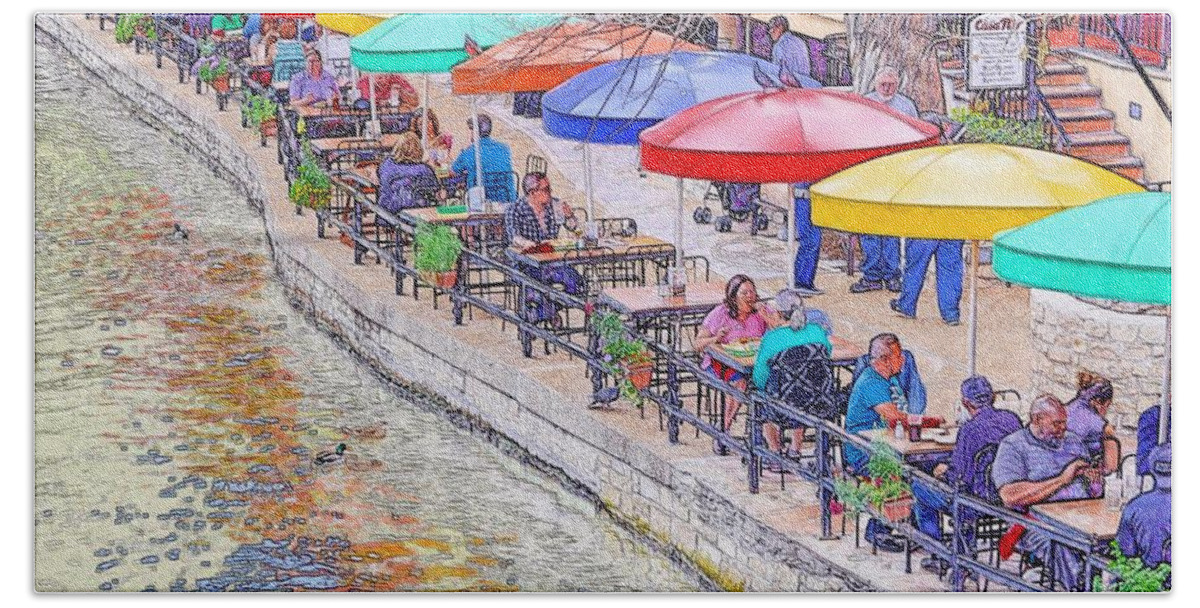 Cafe Beach Towel featuring the photograph San Antonio Riverwalk Umbrellas by Kristina Deane