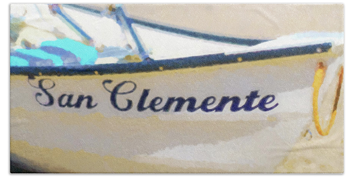 Boat Beach Towel featuring the digital art San Clemente To The Rescue Lifeguard Boat Watercolor 2 by Scott Campbell