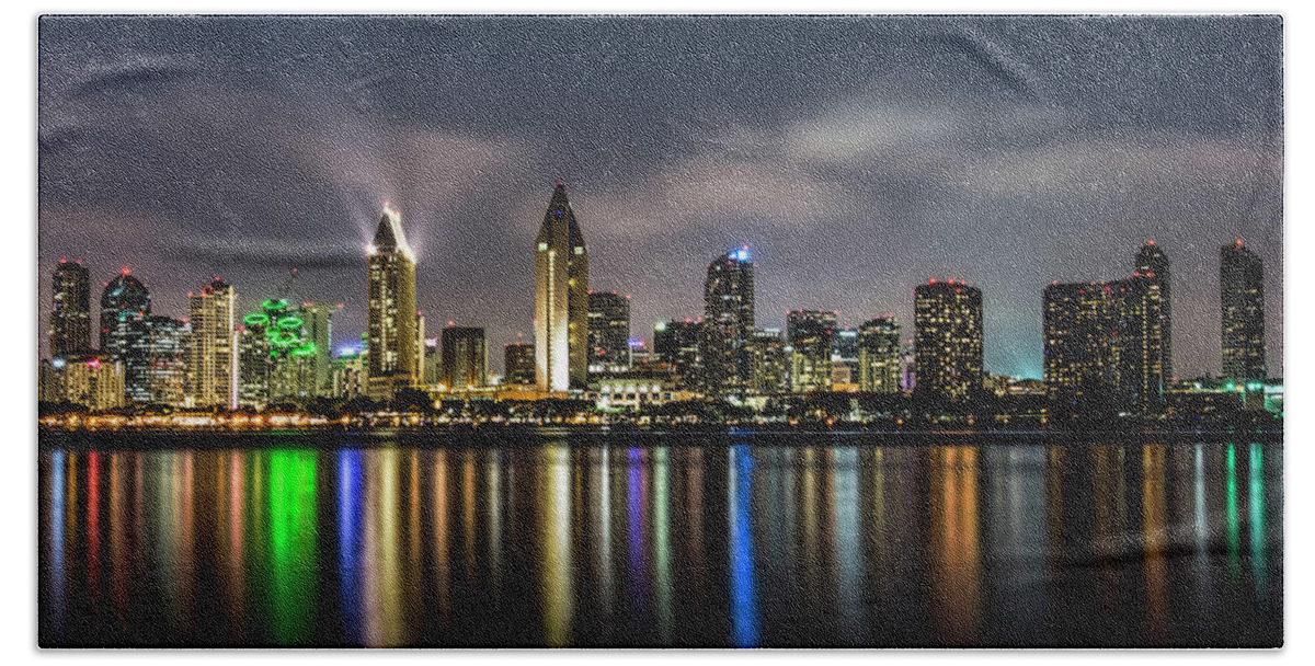 San Diego Beach Sheet featuring the photograph San Diego Skyline At Night by Ken Johnson