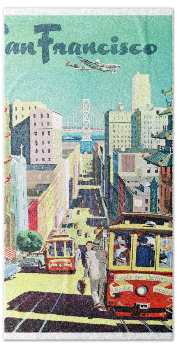 San Francisco Beach Towel featuring the painting San Francisco, city, tramway, vintage travel Poster by Long Shot