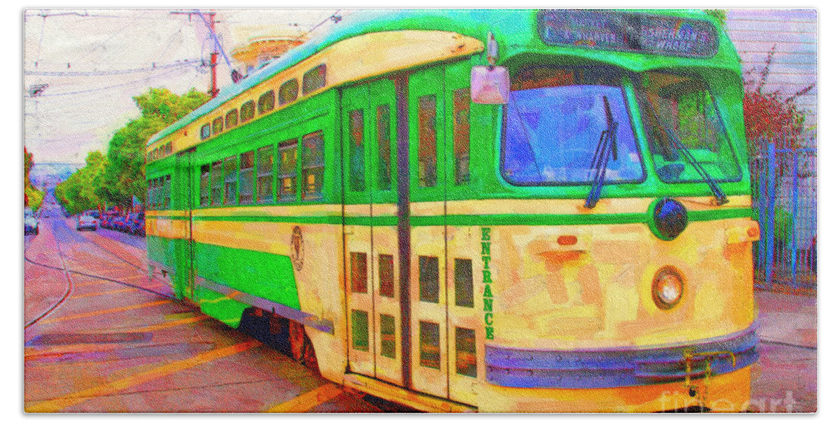 Wingsdomain Beach Towel featuring the photograph San Francisco F-Line Trolley by Wingsdomain Art and Photography