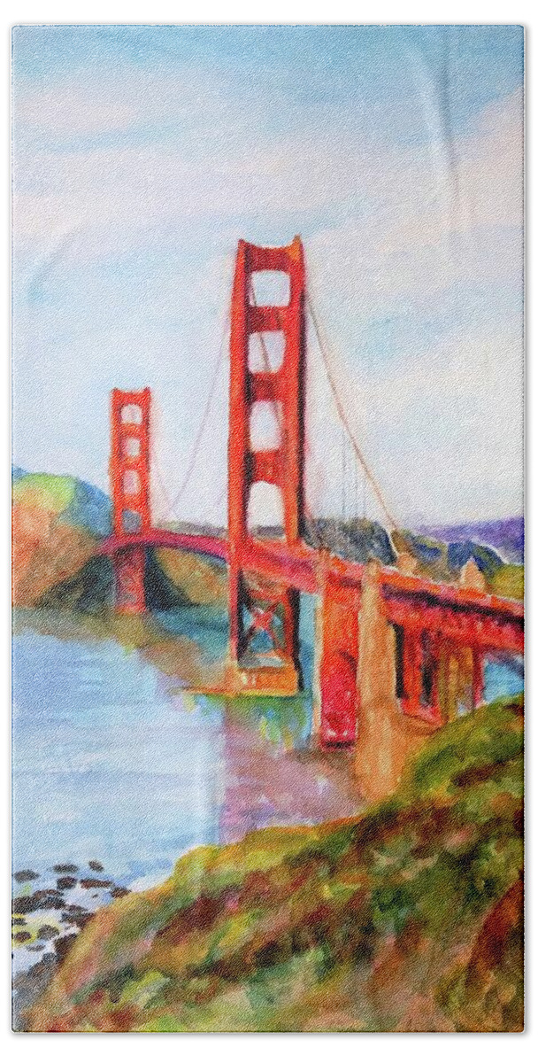 Golden Gate Bridge Beach Towel featuring the painting San Francisco Golden Gate Bridge Impressionism by Carlin Blahnik CarlinArtWatercolor