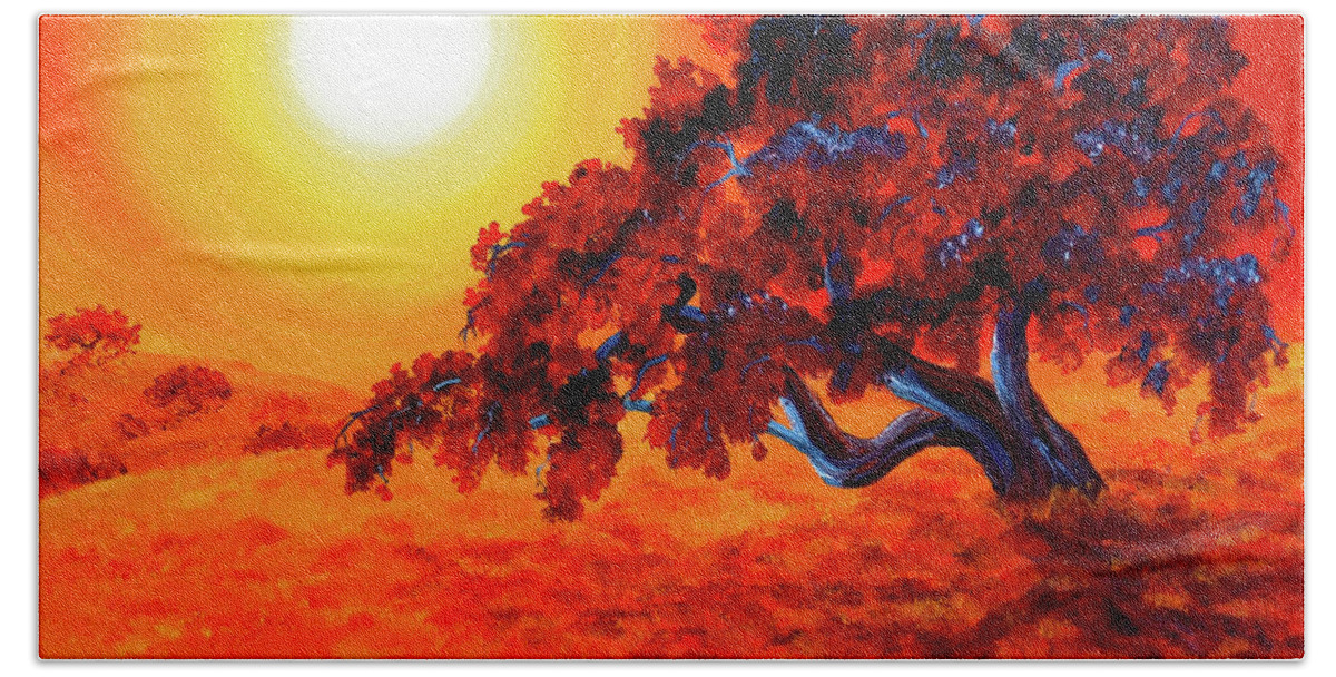 Painting Beach Towel featuring the painting San Mateo Oak in Bright Sunset by Laura Iverson
