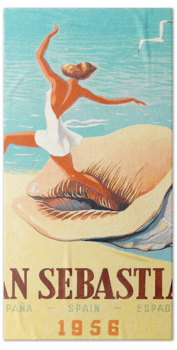 San Sebastian Beach Towel featuring the painting San Sebastian, Spain, woman coming from a sea shell by Long Shot