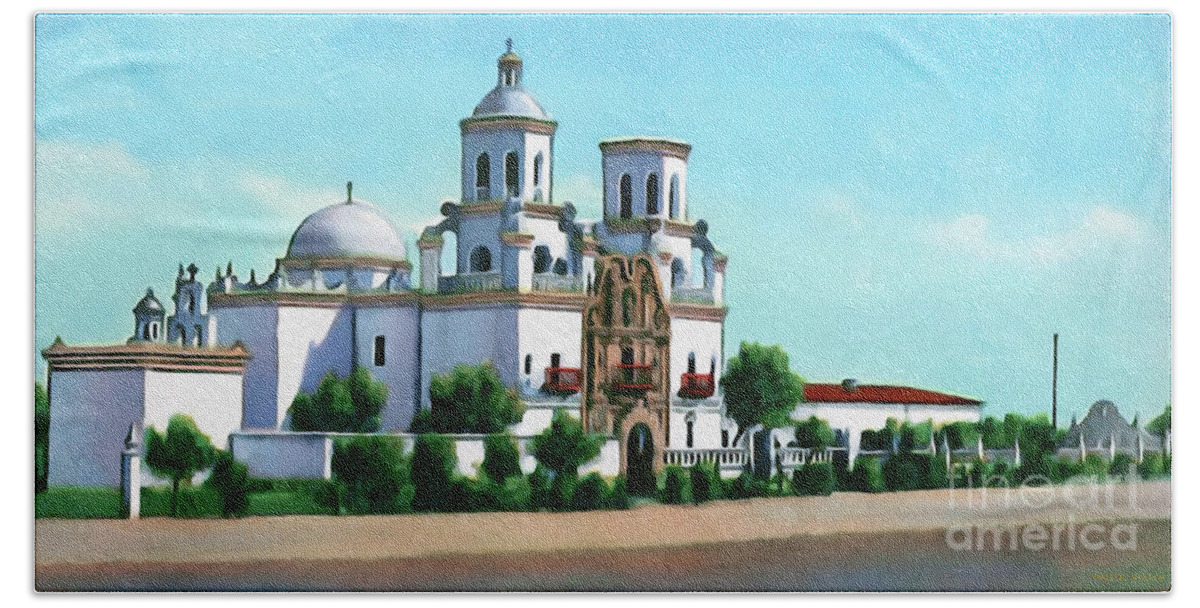 Vintage Postcard Beach Sheet featuring the digital art San Xavier del Bac Mission by Walter Colvin