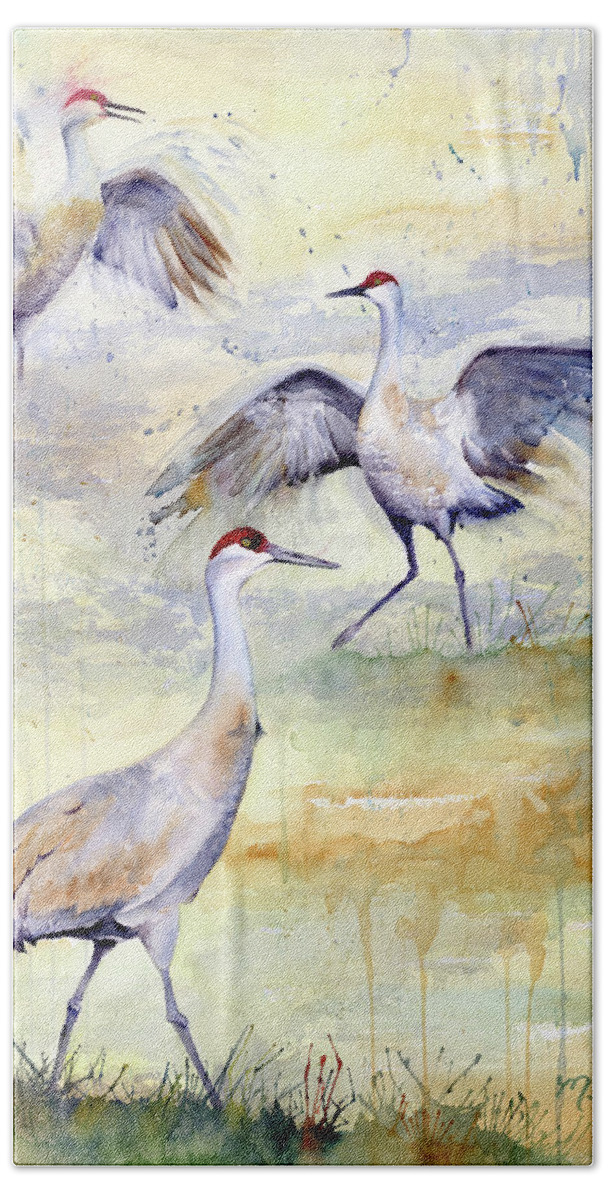 Cranes Beach Sheet featuring the painting Wetlands Courtship - Sandhill Cranes by Marsha Karle