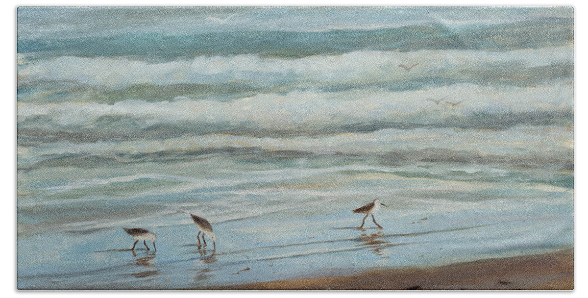 Three Little Sandpipers Beach Towel featuring the painting Sandpipers Vl by Tina Obrien