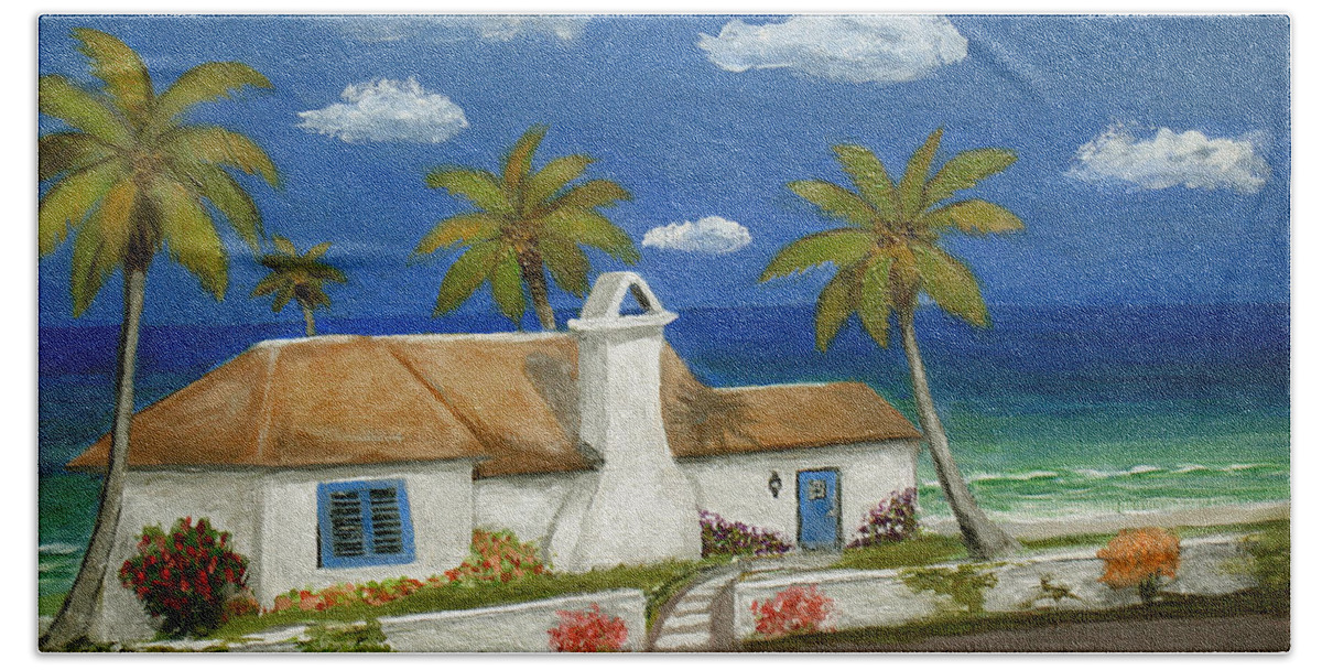 Tropical Beach Cottage Florida Home Seascape Coastal Ocean Palm Trees Caribbean Gordon Beck Art Beach Towel featuring the painting Sandy Point by Gordon Beck